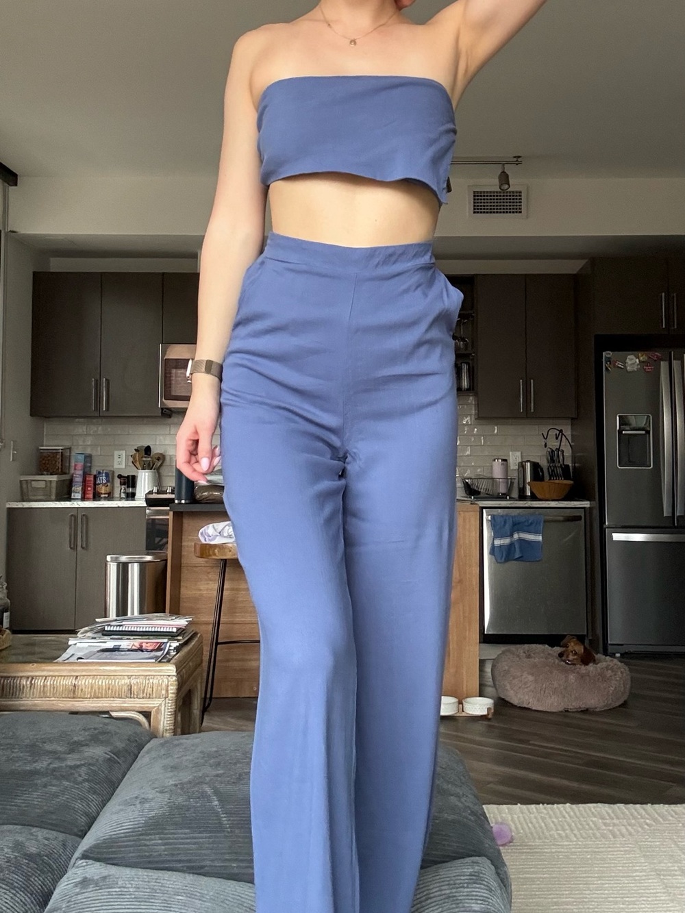 Strapless Two-Piece Wide-Leg Pants Set — Dusty Blue